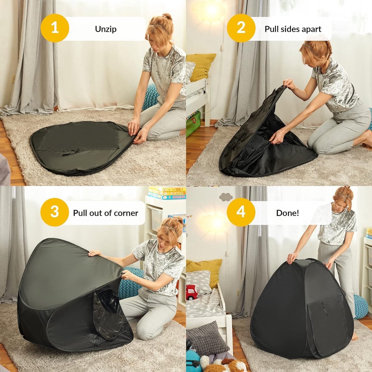Ultiluxe® Sensory Tent for Young Children - Autism, ADHD, SPD, Anxiety, ADD - Lack of concentration, for calm and relaxation - Black - For home, school - Aid - Children's tent - Tent with storage bag - Quiet space for child