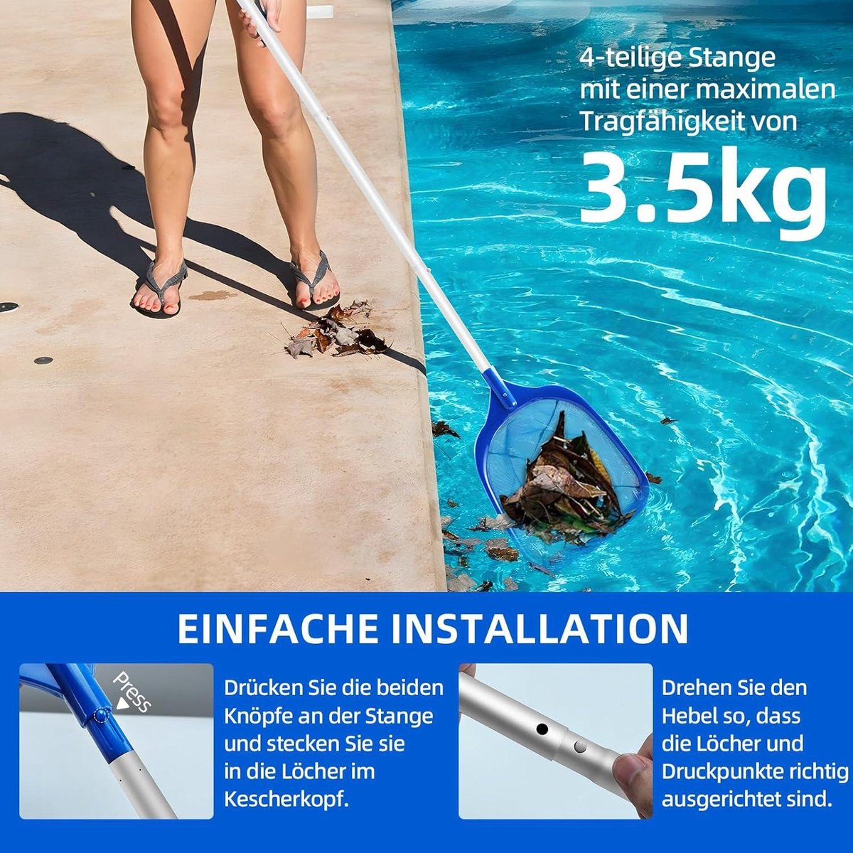 Green Harmony 160 cm skimmer zwembadreiniging-schepnet-fijnmazig-13 m lange aluminium stang-175 cm diep-schepnet-voor-zwembad-spa-vijvers-whirlpools Green Harmony - Schepnet vijver