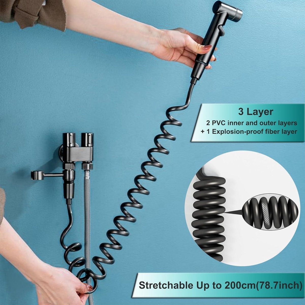 UK draagbare douche bidet - 2m chromen slang - dubbele regelklep - moslim douchespray - zwarte versie