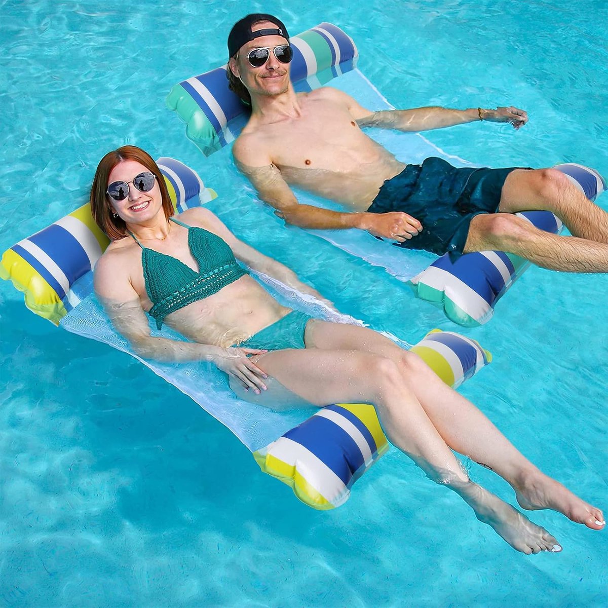 Pakket van 2 opblaasbare waterhangmat zwembedden, 4-in-1 drijvend luchtmatras met gaas, waterhangmat voor volwassenen en kinderen, ligstoel zwembad lounge strand water speelgoed.