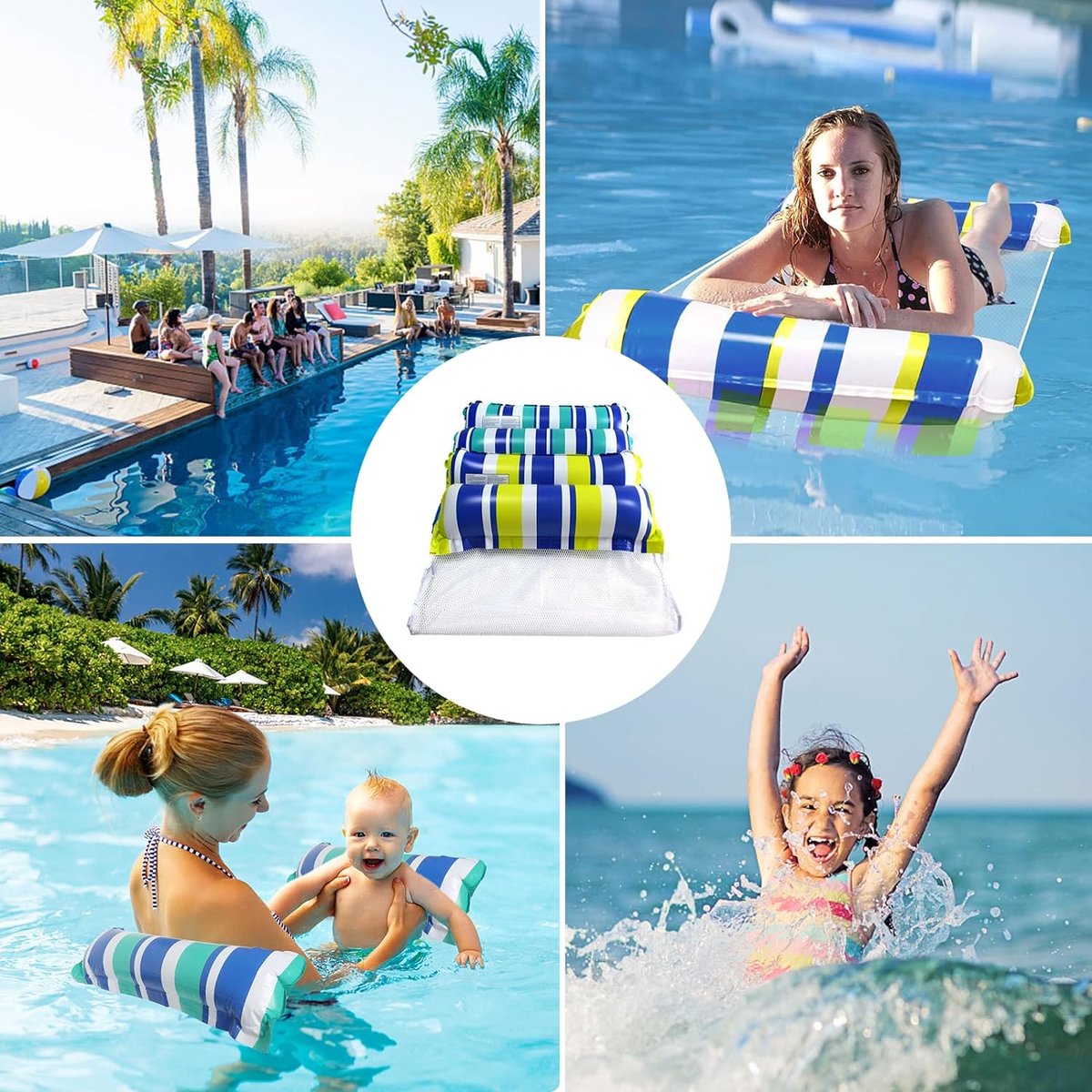 Pakket van 2 opblaasbare waterhangmat zwembedden, 4-in-1 drijvend luchtmatras met gaas, waterhangmat voor volwassenen en kinderen, ligstoel zwembad lounge strand water speelgoed.