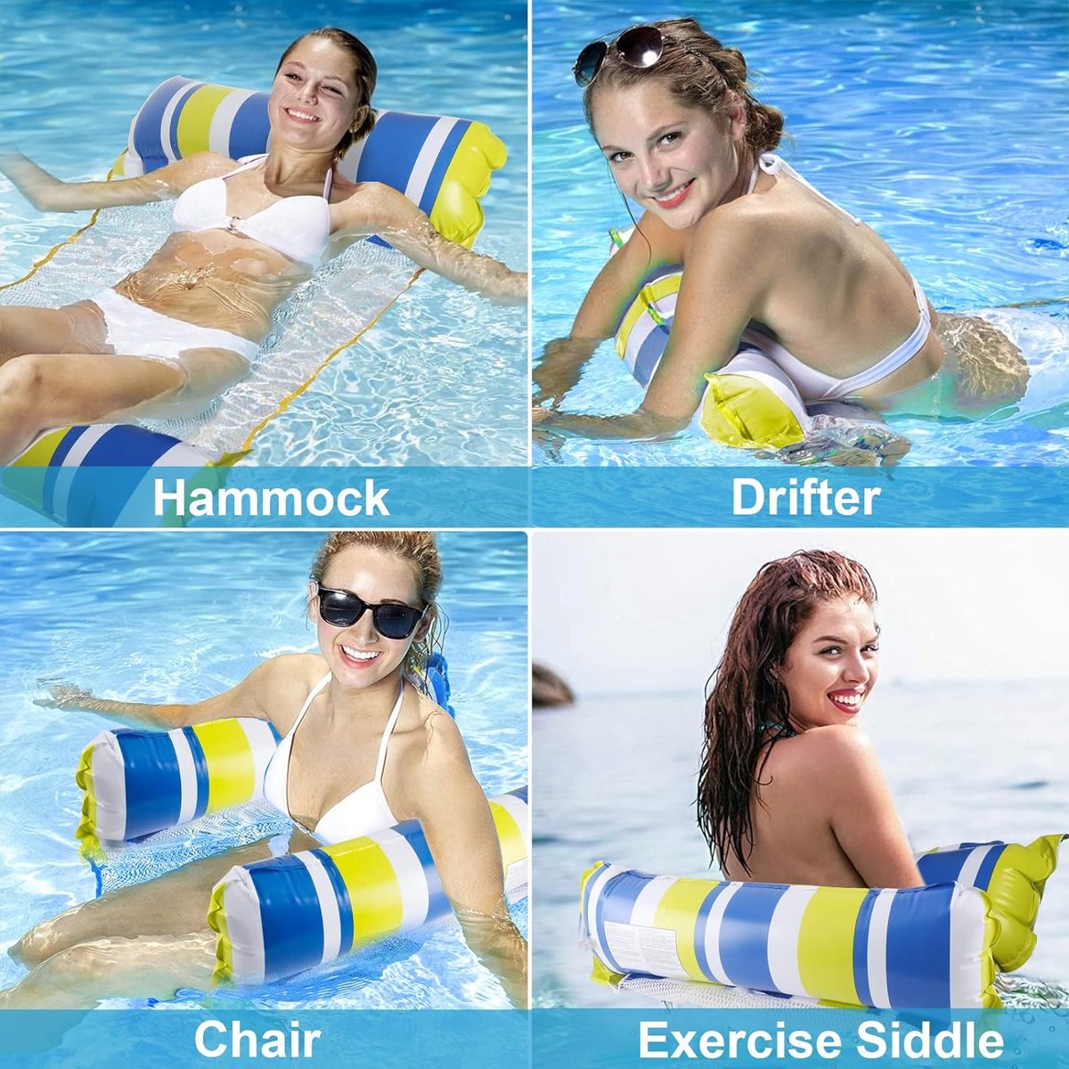 Pakket van 2 opblaasbare waterhangmat zwembedden, 4-in-1 drijvend luchtmatras met gaas, waterhangmat voor volwassenen en kinderen, ligstoel zwembad lounge strand water speelgoed.