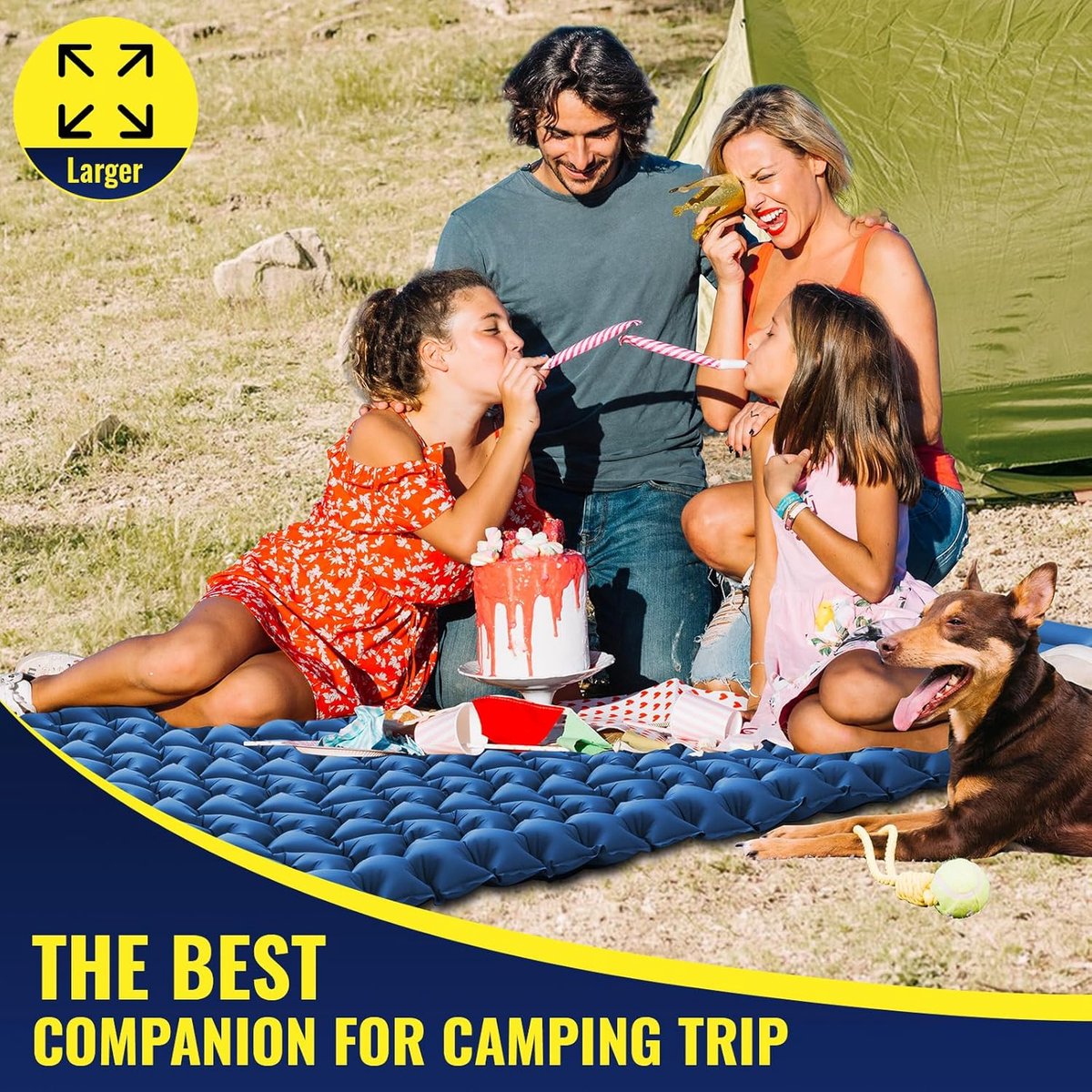 Zelfopblazende slaapmat, 2 personen, luchtmatras voor buiten, zelfopblazend met voetperspomp en kussen, campingmatras voor 2 personen, voor buiten, wandelen, strand en kamperen, blauw