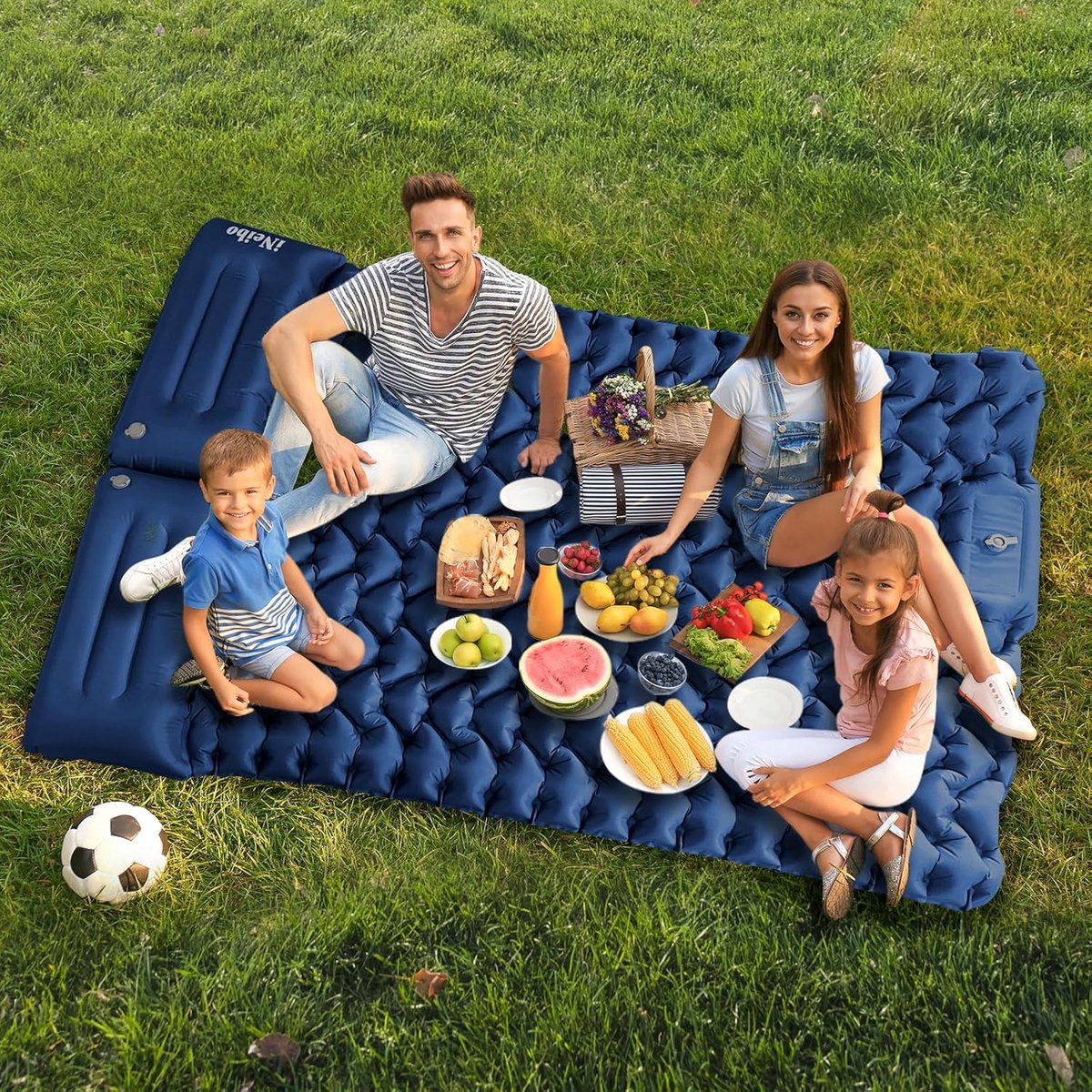 Zelfopblazende slaapmat, 2 personen, luchtmatras voor buiten, zelfopblazend met voetperspomp en kussen, campingmatras voor 2 personen, voor buiten, wandelen, strand en kamperen, blauw