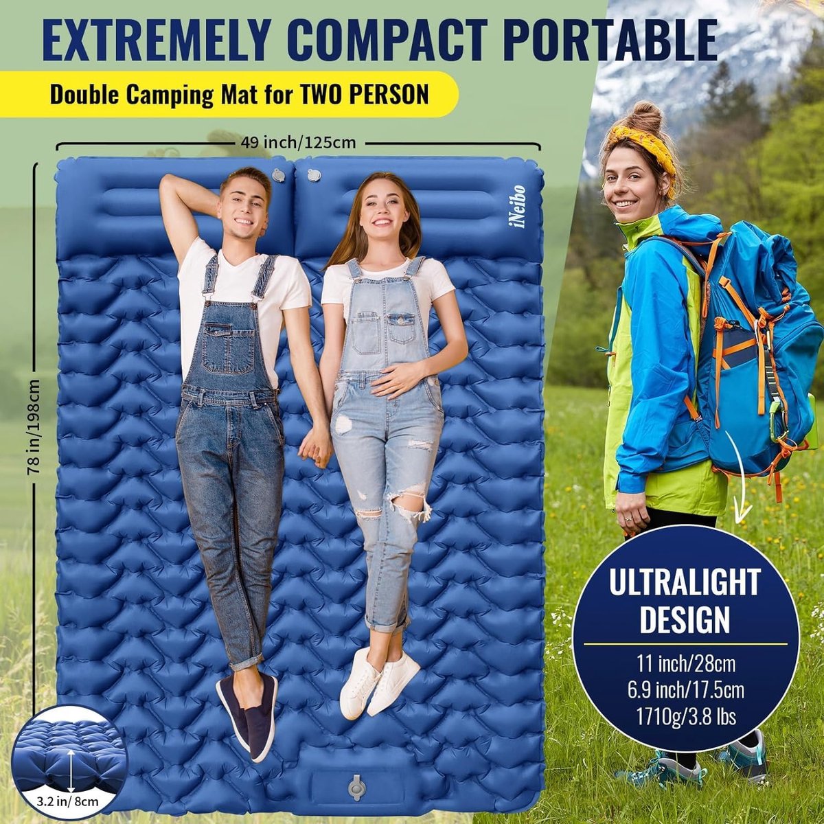 Zelfopblazende slaapmat, 2 personen, luchtmatras voor buiten, zelfopblazend met voetperspomp en kussen, campingmatras voor 2 personen, voor buiten, wandelen, strand en kamperen, blauw