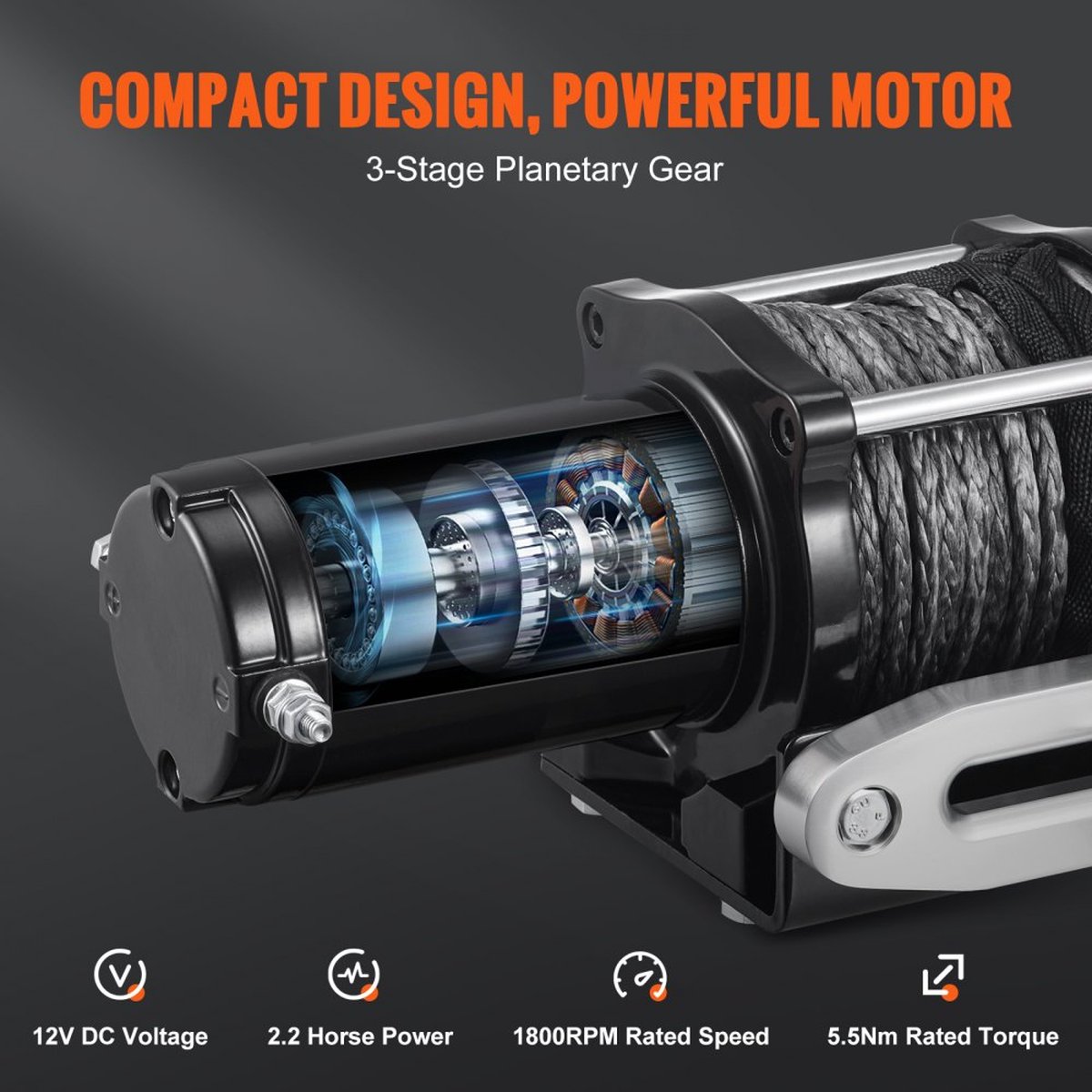 Electric Winch 12V Winch 4500lbs/2041kg Offroad Motor Winch Cable Electric Winch Nylon Rope with Wireless Remote Control Black Ideal for