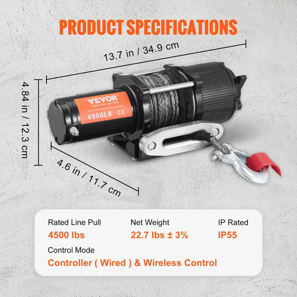 Electric Winch 12V Winch 4500lbs/2041kg Offroad Motor Winch Cable Electric Winch Nylon Rope with Wireless Remote Control Black Ideal for