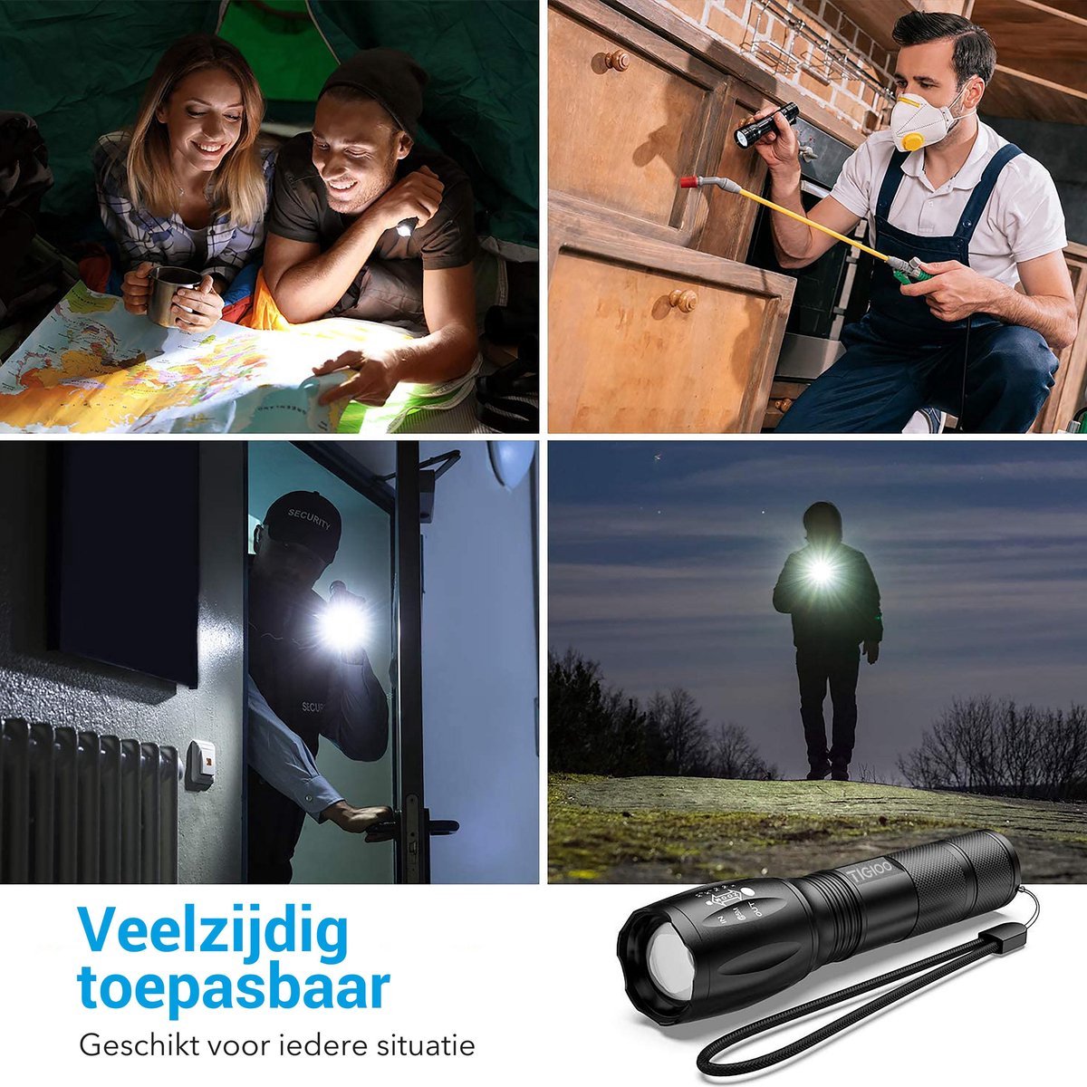 Military flashlight - LED flashlight - 3800 Lumen - IP55 Waterproof - Zoomable - 1 piece - rechargeable - usb