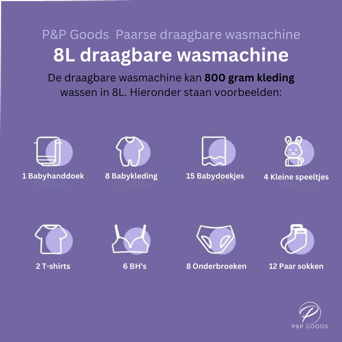 P&P Goods Mini Wasmachine - Draagbaar - Opvouwbare Wasmachine - Handwasmachine - 8 Liter Capaciteit - Ideaal voor Studenten & Camping - Paars