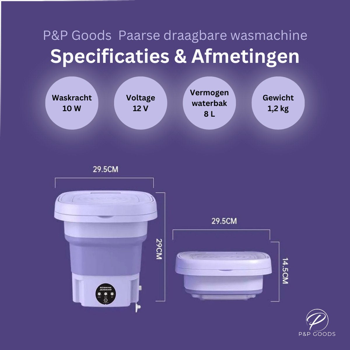 P&P Goods Mini Wasmachine - Draagbaar - Opvouwbare Wasmachine - Handwasmachine - 8 Liter Capaciteit - Ideaal voor Studenten & Camping - Paars