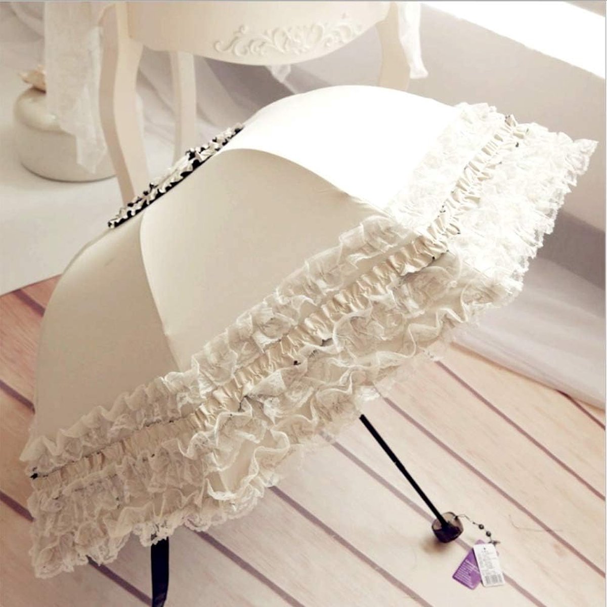 Prinses kanten vintage kanten UV-parasol opvouwbare 3D bloemen borduurwerk paraplu 3-vouwen roze, beschikbaar voor regenachtige dagen, besneeuwde dagen, zonnige dagen