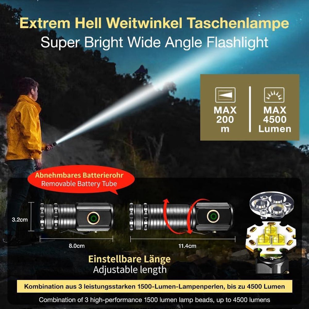 3 led oplaadbare mini-zaklamp 5000 lumen tactisch-verstelbare lengte-2 batterijen-5 lichtmodi-IPX6 waterdicht-kamperen-wandelen-vissen