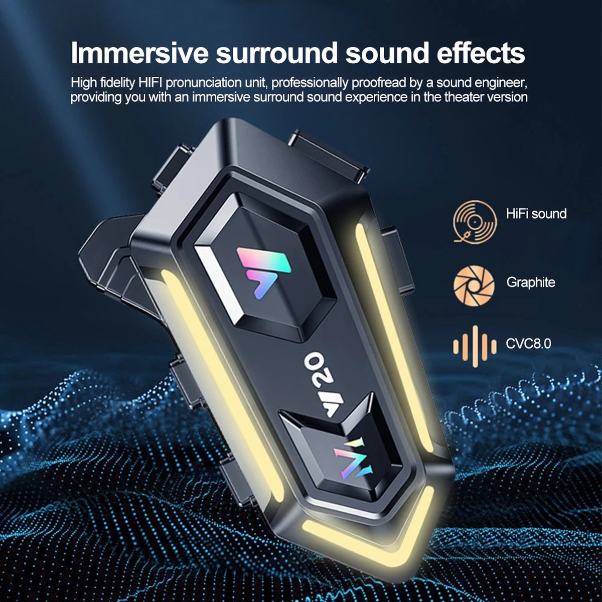 Motorhelm Headset - Headset Met Microfoon - Oortjes - Draadloos - Waterdichte Oortelefoon - IPX6 Helm Headset - 5.3 Bluetooth Communicatie - 72 Uur Lange Werking - 16 Kleuren RGB Verlichting - Zwart