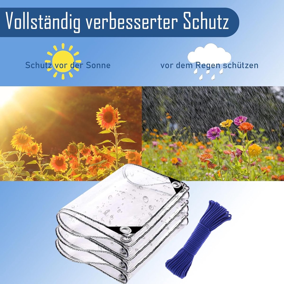 Waterdicht transparant PE-zeil met ingeperste ringen, weerbestendig, opvouwbaar, regenbescherming voor tuinmeubelen, planten en kassen, geschikt voor camping, balkon, afdekzeil, waterdicht, 2x4