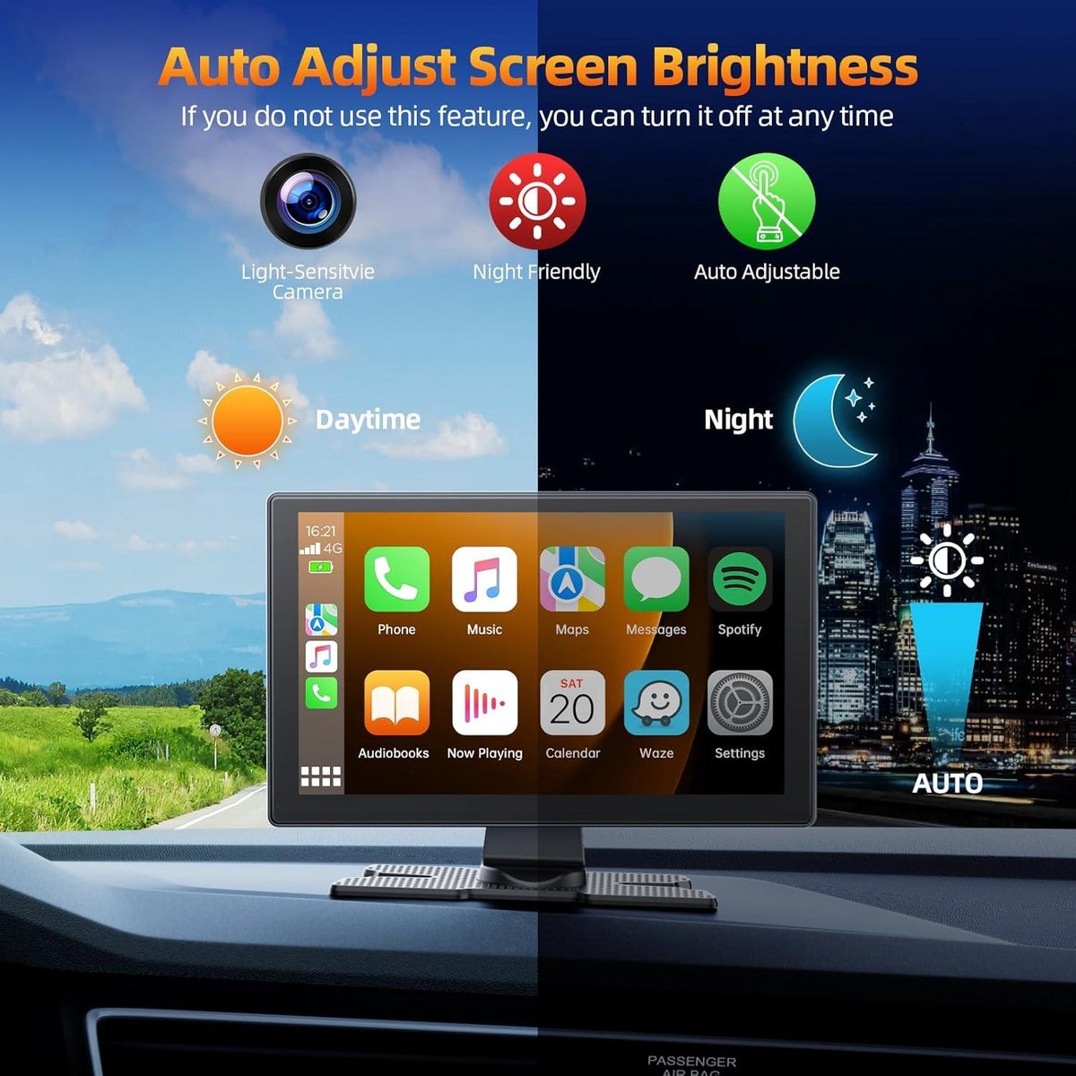 9 inch Carplay-scherm met 4K-dashcam - 1080p achteruitrijcamera - draagbare autoradio - draadloze A-pple Carplay - Android Auto - Mirror Link - GPS-navigatie - G-sensor - loopopname - AUX - FM Dashcam voor auto