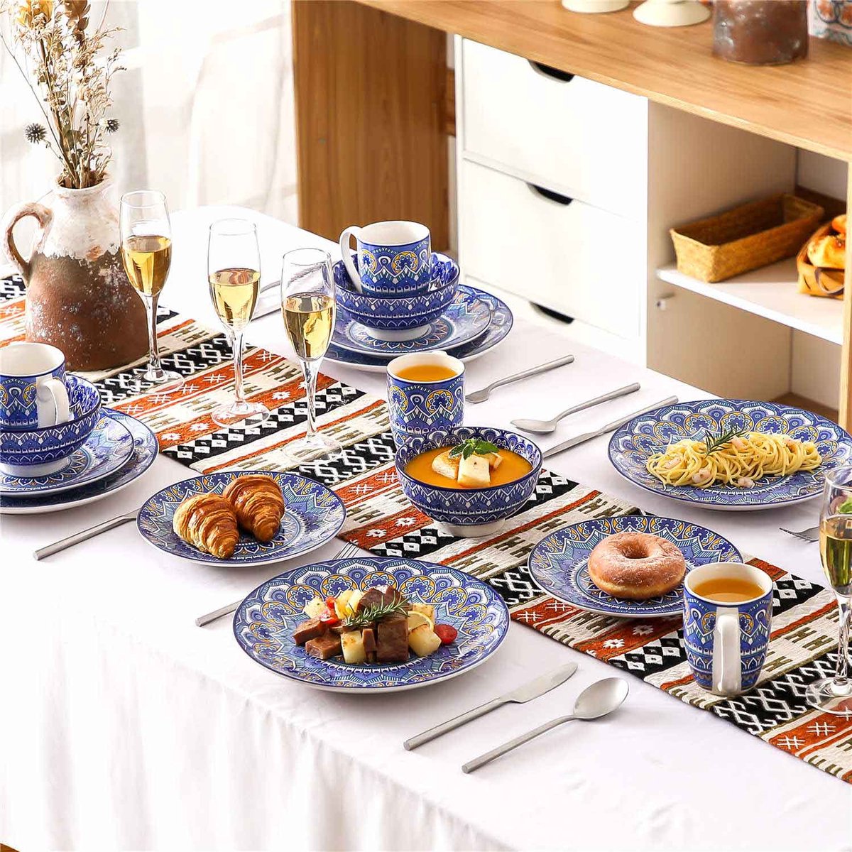 Dinnerware Set - Dinnerware Sets - 4 Person Dinnerware Set - Blue Mandala Pattern - Porcelain - 16-Piece Dinnerware - Dinner Plate - Dessert Plate - Bowl - Mug