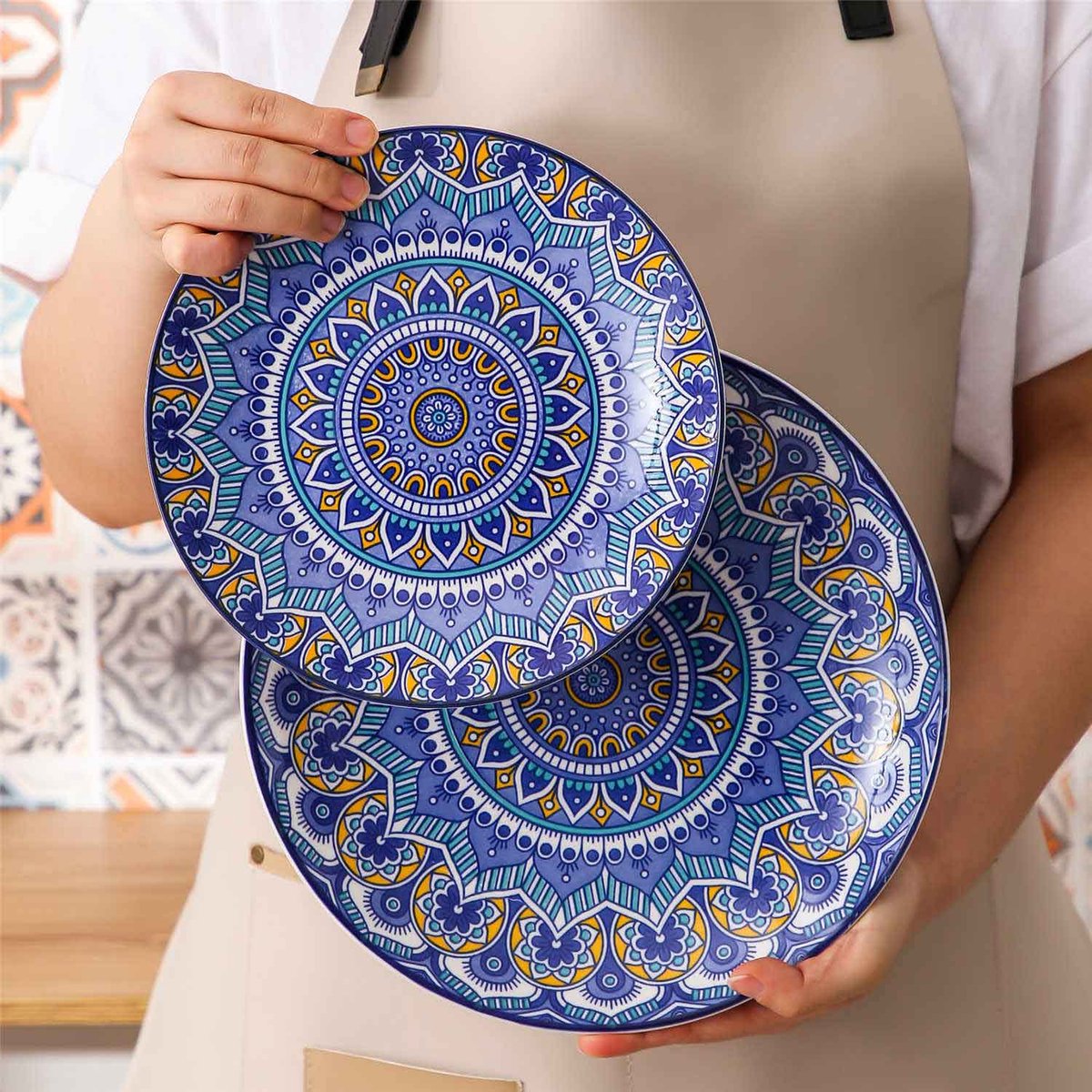 Dinnerware Set - Dinnerware Sets - 4 Person Dinnerware Set - Blue Mandala Pattern - Porcelain - 16-Piece Dinnerware - Dinner Plate - Dessert Plate - Bowl - Mug