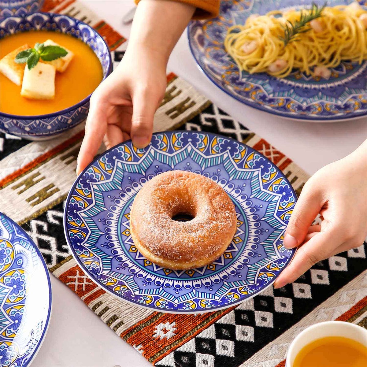 Dinnerware Set - Dinnerware Sets - 4 Person Dinnerware Set - Blue Mandala Pattern - Porcelain - 16-Piece Dinnerware - Dinner Plate - Dessert Plate - Bowl - Mug