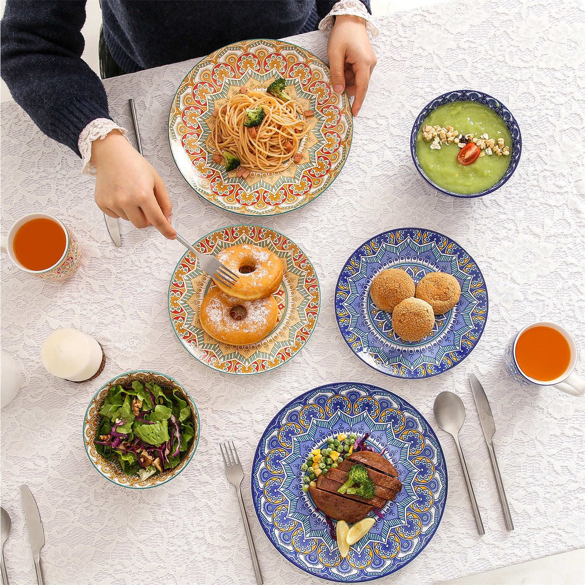 Dinnerware Set - Dinnerware Sets - 4 Person Dinnerware Set - Blue Mandala Pattern - Porcelain - 16-Piece Dinnerware - Dinner Plate - Dessert Plate - Bowl - Mug