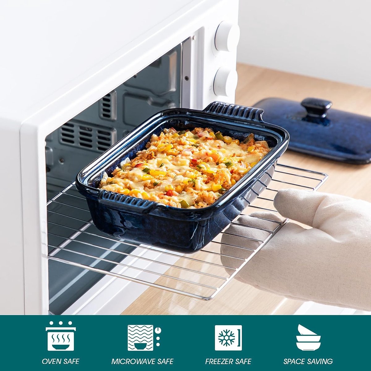Braadpan met deksel, STARRY broodovenschaal van steengoed, vierkante lasagneschaal, ovenschaal voor brood, lasagne, pizzakoekjes, magnetron, oven, vaatwasmachinebestendig