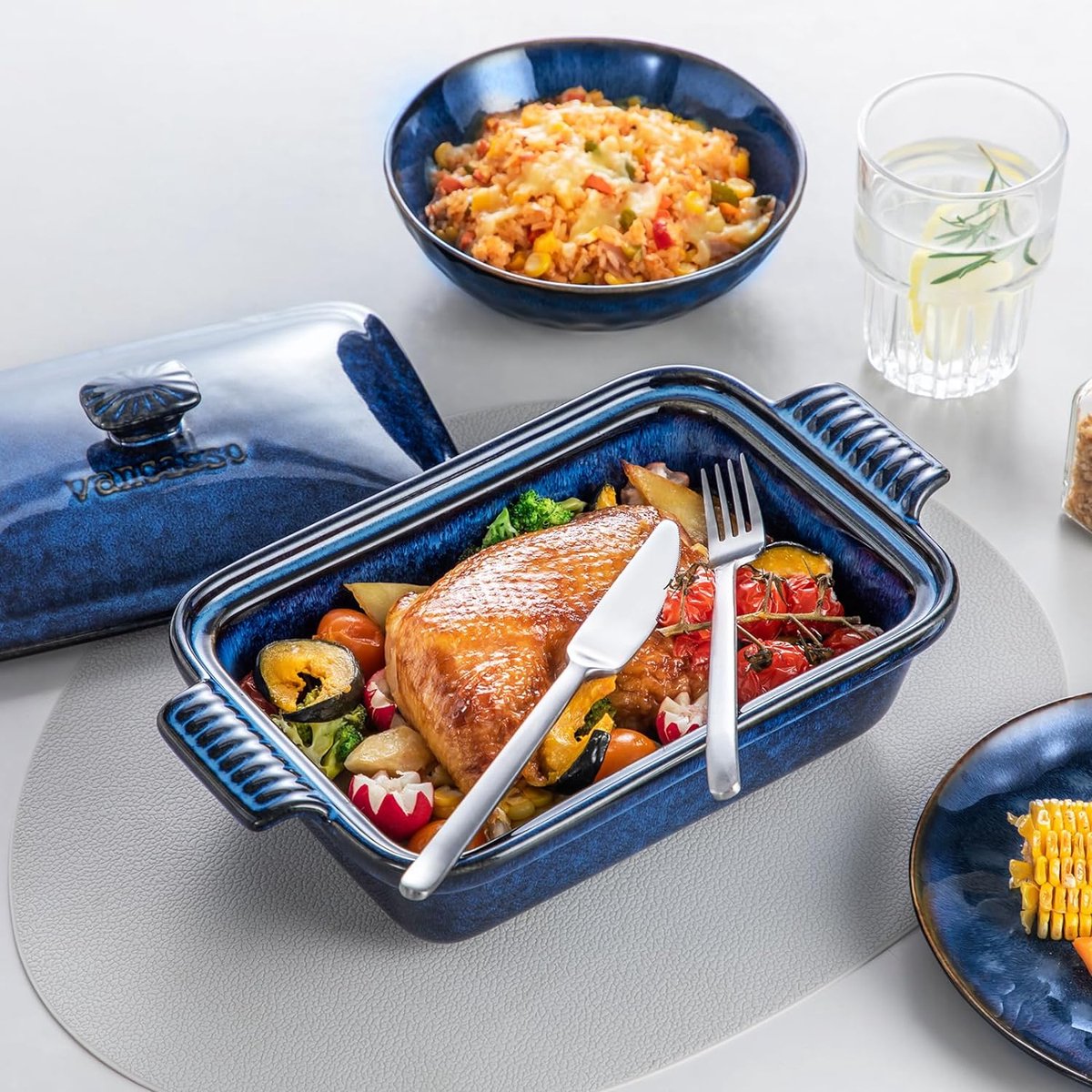 Braadpan met deksel, STARRY broodovenschaal van steengoed, vierkante lasagneschaal, ovenschaal voor brood, lasagne, pizzakoekjes, magnetron, oven, vaatwasmachinebestendig