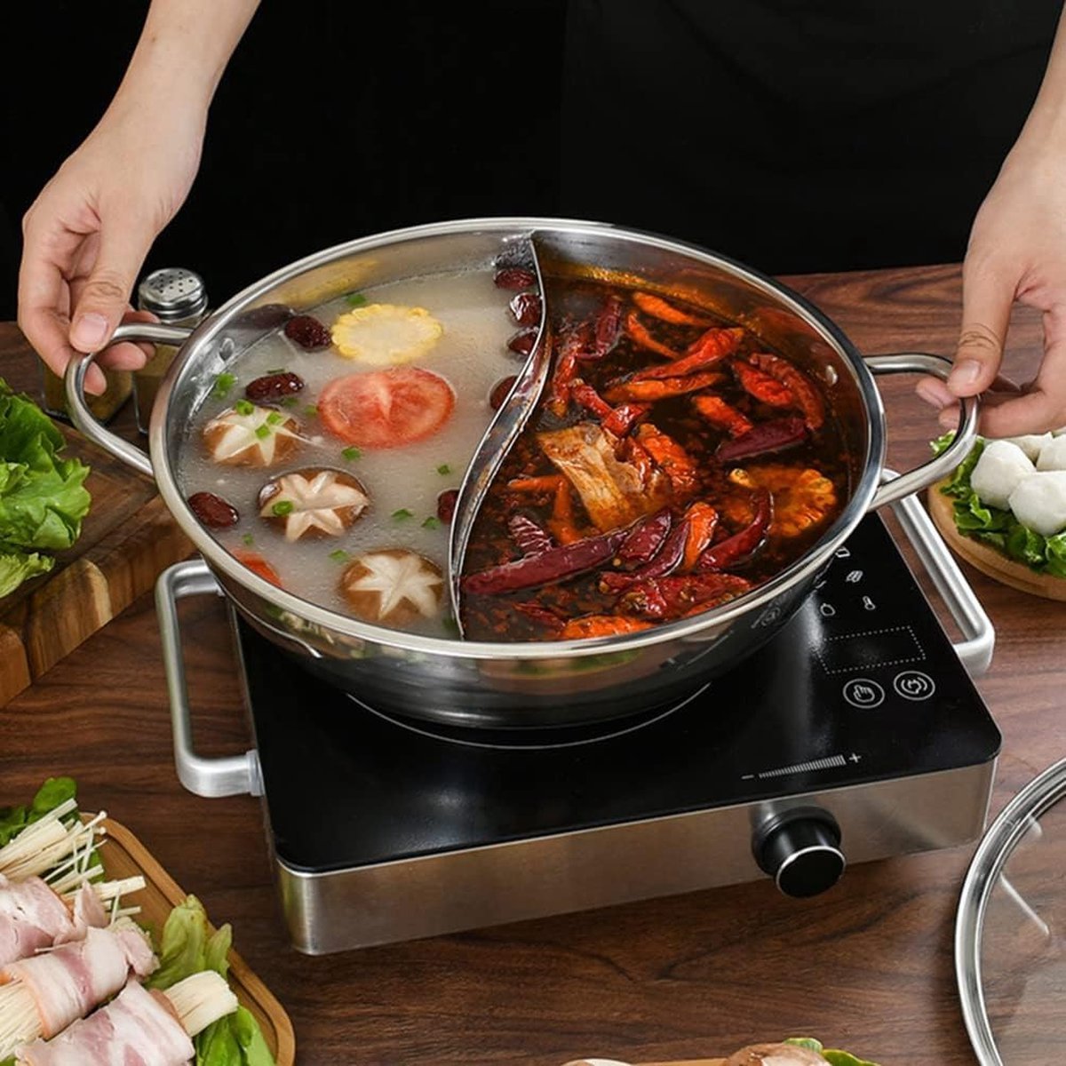 Roestvrijstalen Hot Pot - Hot Pot Pan - Authentieke Aziatische Fondue - Shabu Shabu - Gasfornuis - Inductiekookplaat - Zilver - 34CM