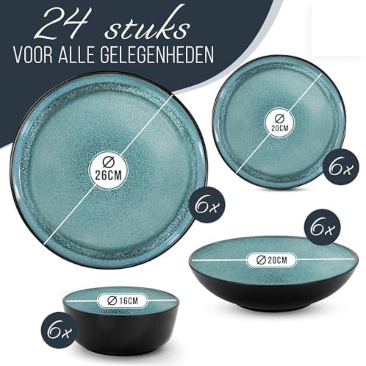 Bordenset 24-delig - Servies bordenset - Zwarte bordenset