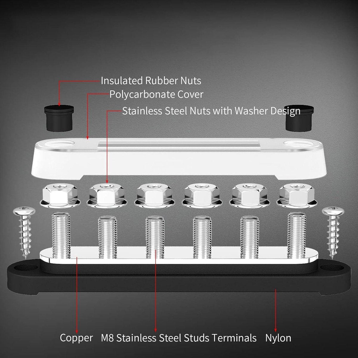 M8 Terminal Stud Power Distribution Block Busbar 12V-48V 2 st. 6 X 5/16 inch - Ronde Hoek Basis 150A Auto Voertuig