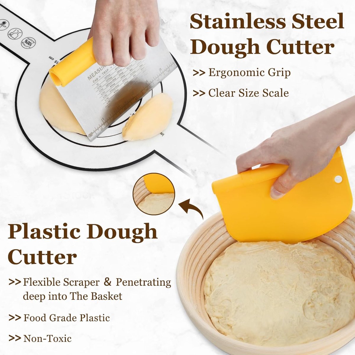 Sourdough bread baking starter set - 7 pieces - baking mat lame knife - dough scraper - proofing basket - dough knife - banneton - bread knife - small proofing basket for baking bread - round - dough couche