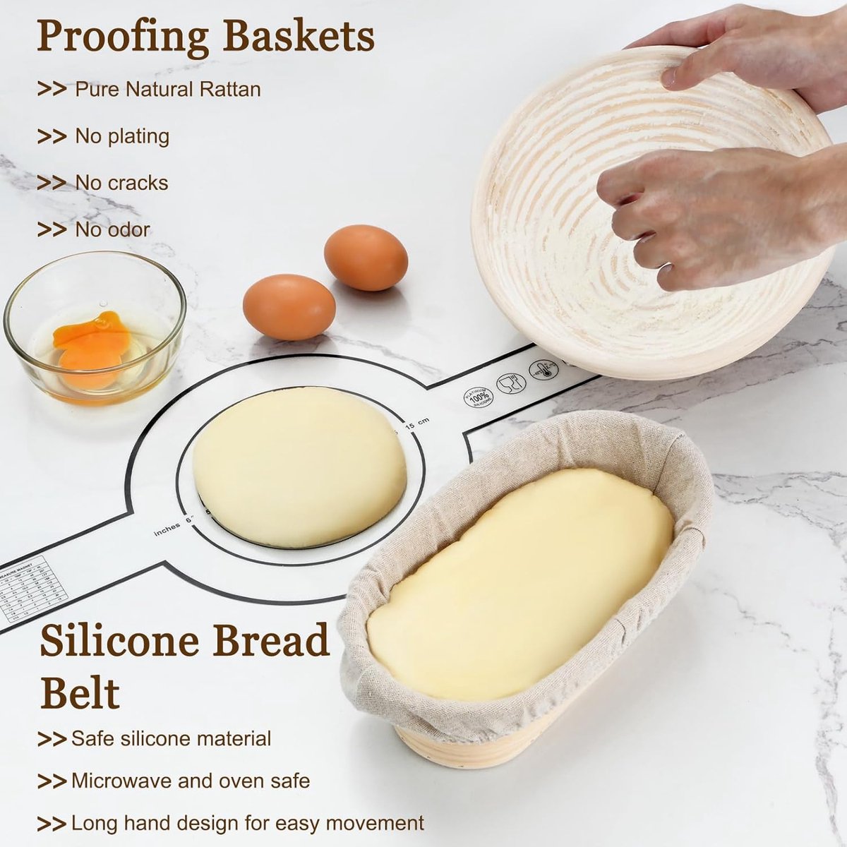 Sourdough bread baking starter set - 7 pieces - baking mat lame knife - dough scraper - proofing basket - dough knife - banneton - bread knife - small proofing basket for baking bread - round - dough couche