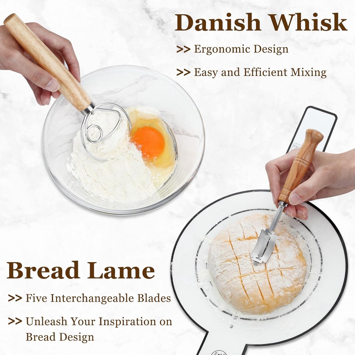 Sourdough bread baking starter set - 7 pieces - baking mat lame knife - dough scraper - proofing basket - dough knife - banneton - bread knife - small proofing basket for baking bread - round - dough couche