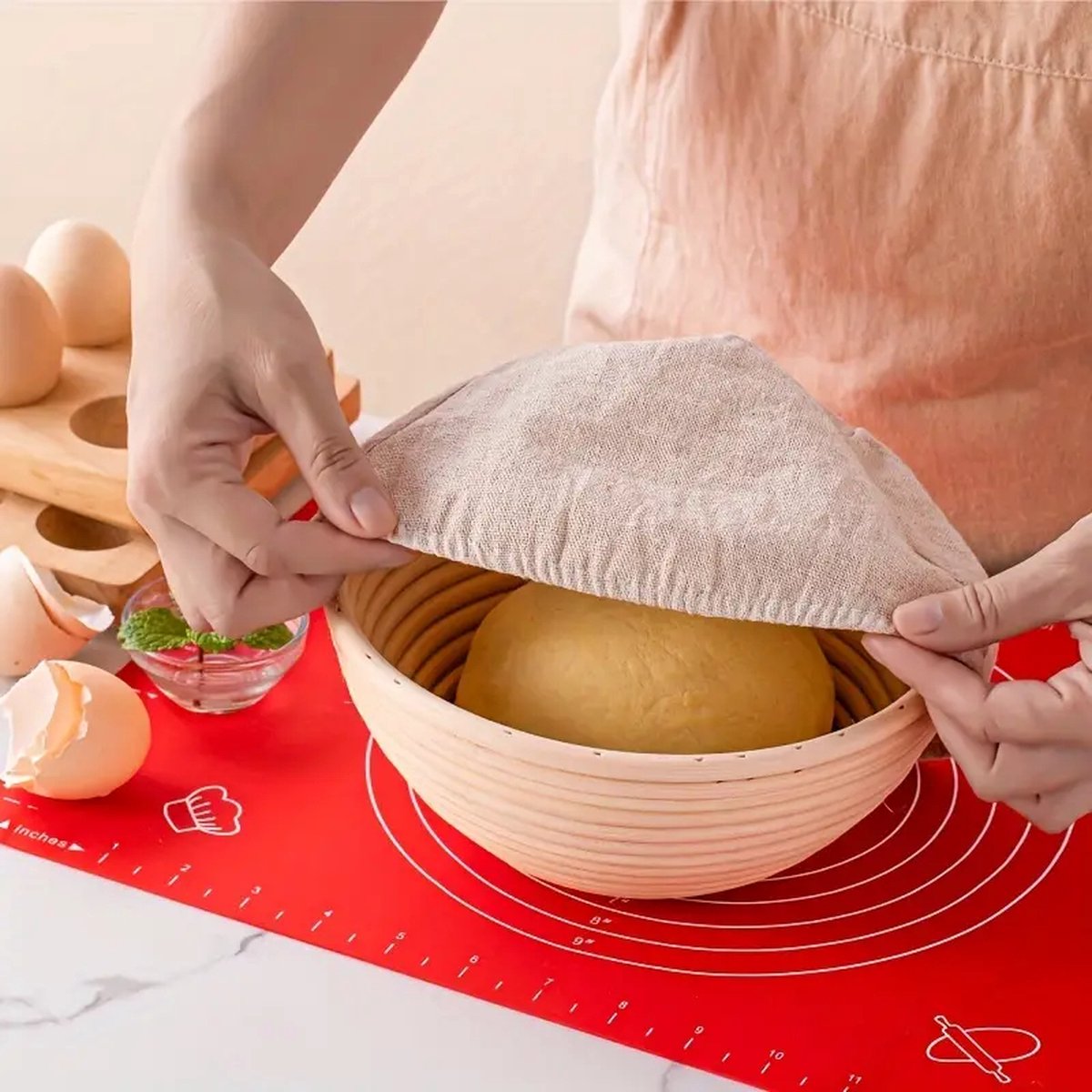 Sourdough bread baking starter set - 7 pieces - baking mat lame knife - dough scraper - proofing basket - dough knife - banneton - bread knife - small proofing basket for baking bread - round - dough couche