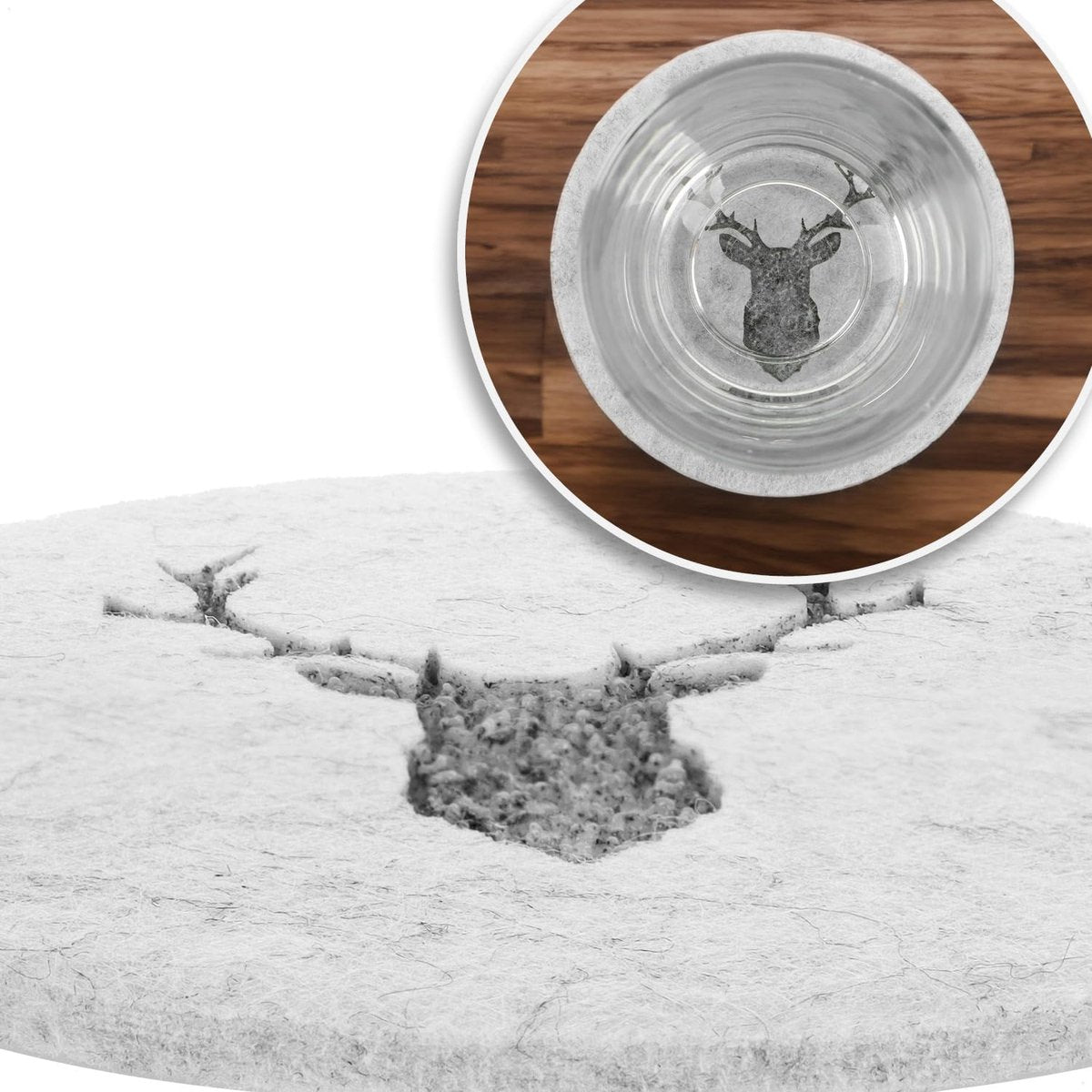 16x vilten onderzetters, tafelbeschermer van robuust vilt, onderlegger voor kopjes, glazen, kopjesonderzetters met hertenmotief, ronde beschermmat, afwasbaar, Ø 10 cm (Ø 10 cm, hert)