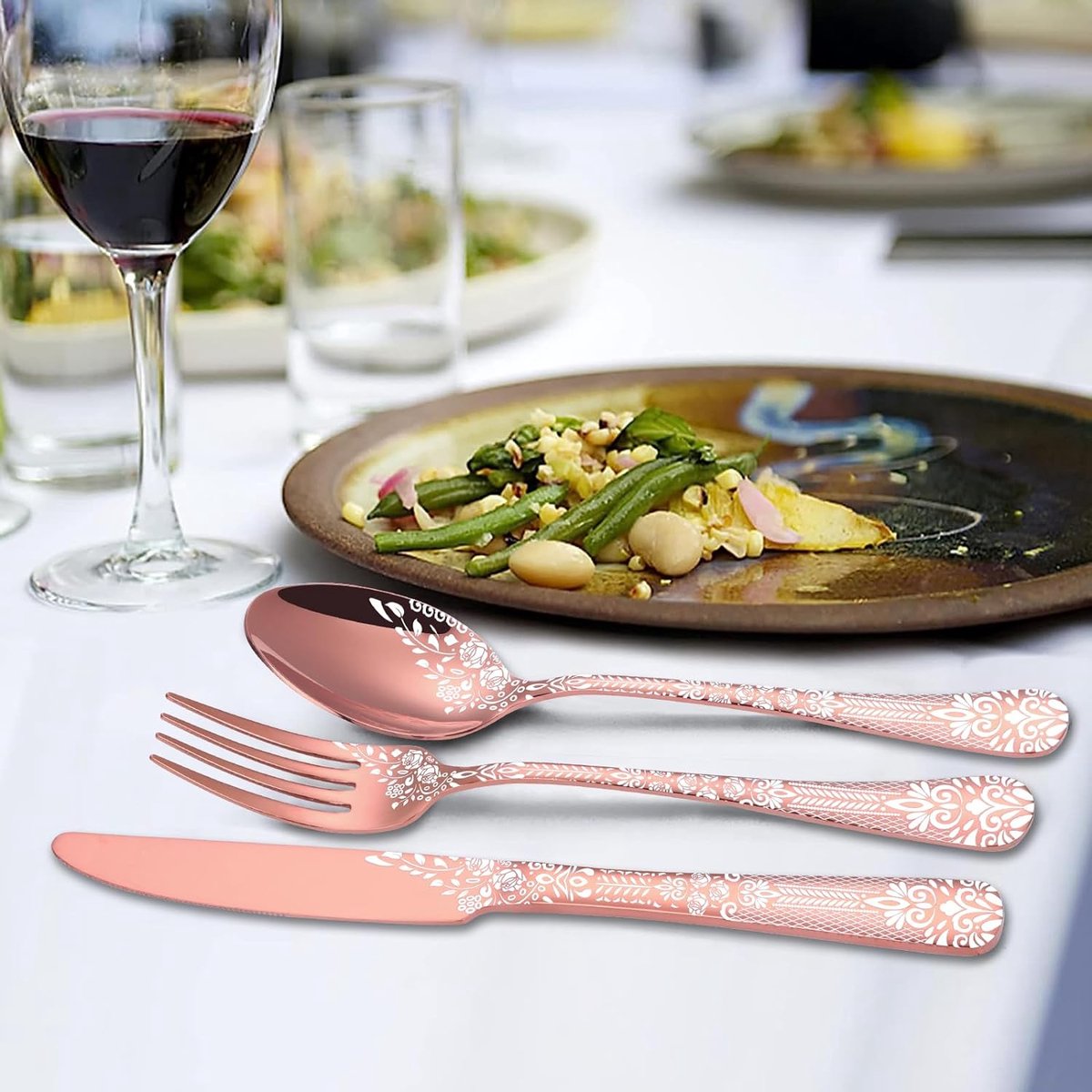 36-delige rosé gouden bestekset voor 6 personen, roestvrijstalen bestekset met steakmes, spiegelgepolijste bestekset met bloemmotieven, vork, lepel en messenset vaatwasmachinebestendig