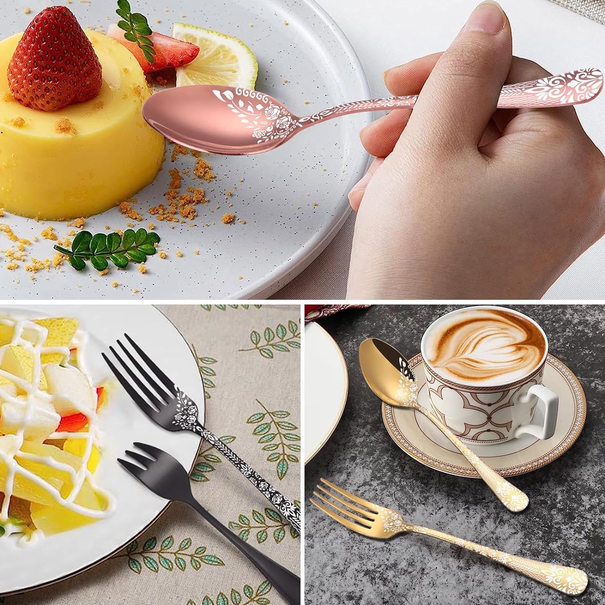 36-delige rosé gouden bestekset voor 6 personen, roestvrijstalen bestekset met steakmes, spiegelgepolijste bestekset met bloemmotieven, vork, lepel en messenset vaatwasmachinebestendig