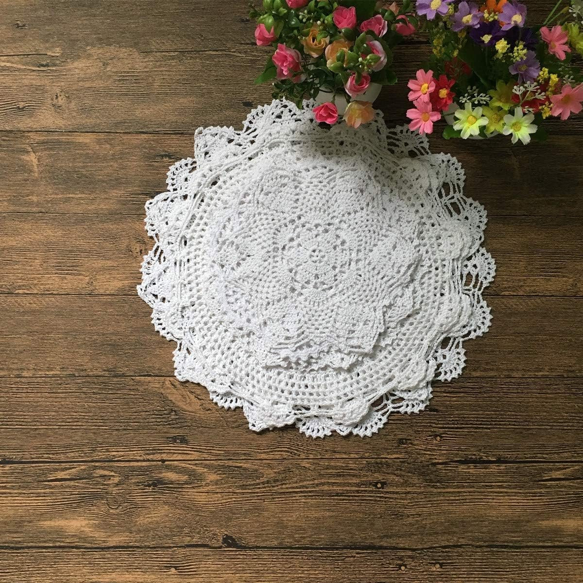 Set van 8 handgehaakte katoenen kleedjes, gehaakte kanten kleedjes, onderzetters, placemat, 23-40 cm rond, wit, vintage, bruiloft, theekransje (8 stuks wit)