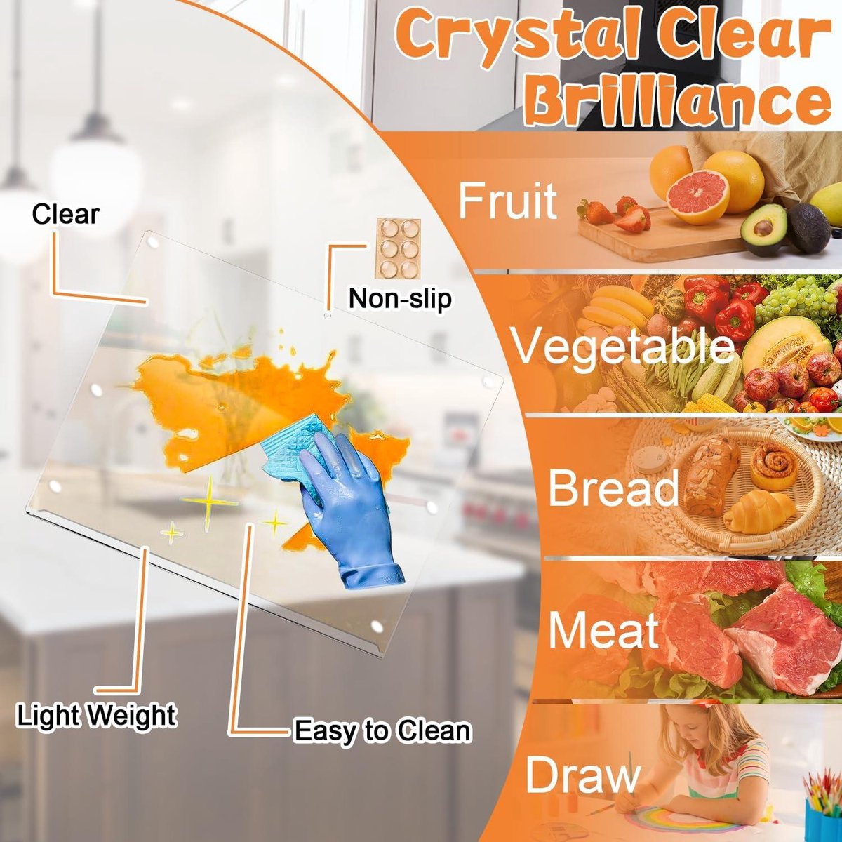 Cutting board with a counter-lip transparent glass worktop protector 157 x 118 inches - Large cutting board for countertop - Kitchen gifts