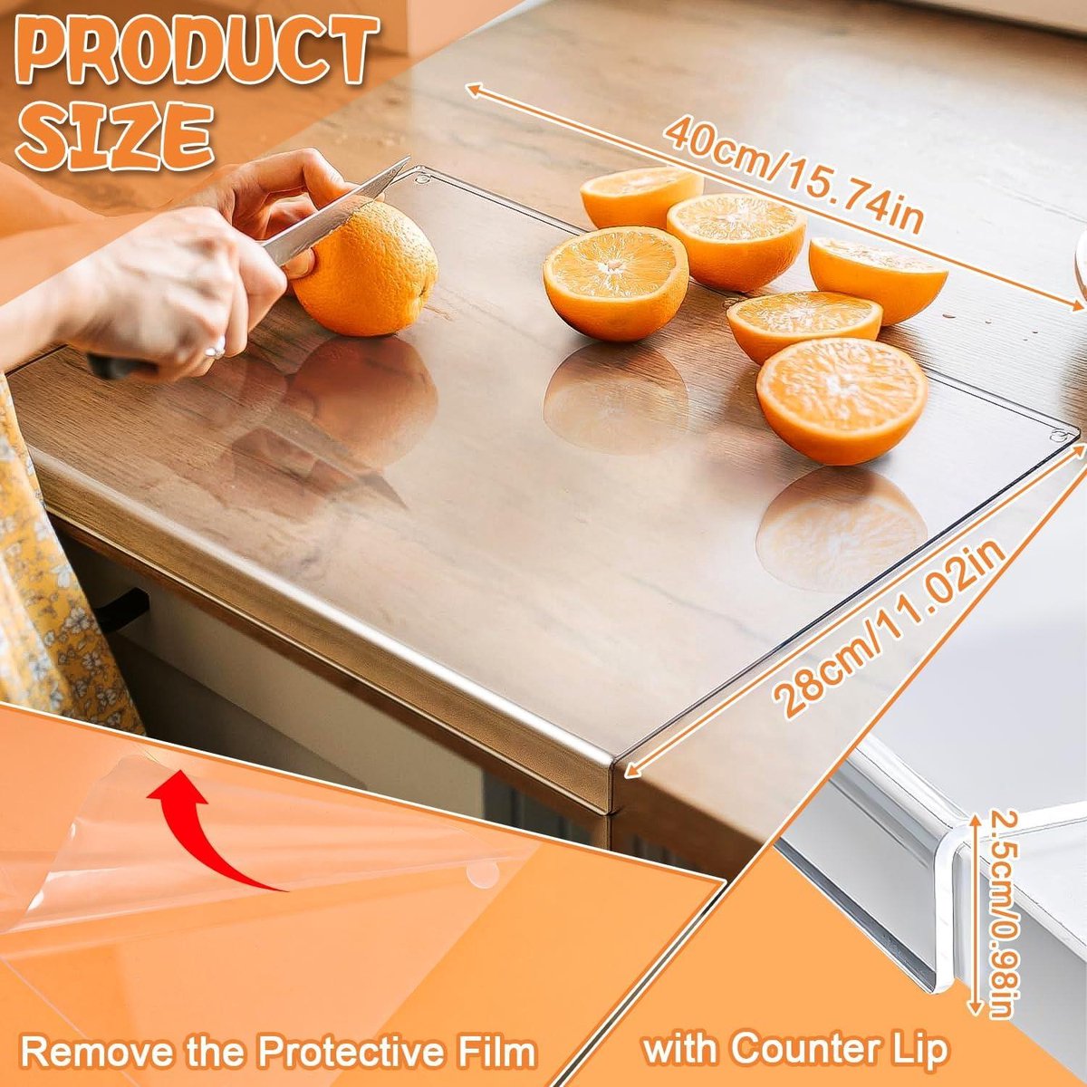 Cutting board with a counter-lip transparent glass worktop protector 157 x 118 inches - Large cutting board for countertop - Kitchen gifts