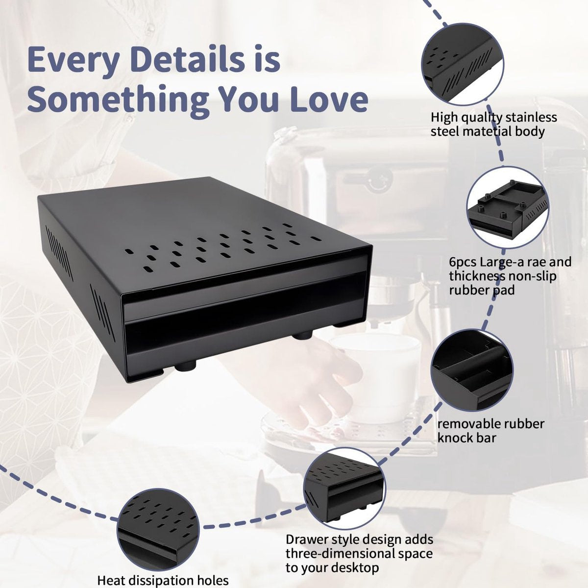 Coffee Knock Box Stainless Steel with Removable Drawer - For Home and Office