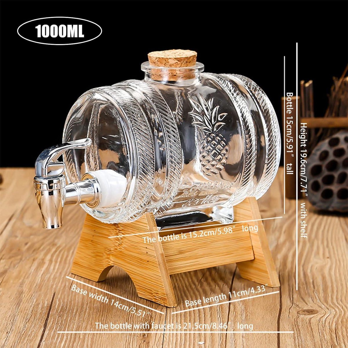 Whiskey Karaf 1000ml met Houten Standaard - Drankdispenser voor Wijn - Glazen Wijnvat met Kraan - Scotch Bourbon Vodka Rum Likeur - Feestdrankje - Cadeaus voor Vriend Man Vader