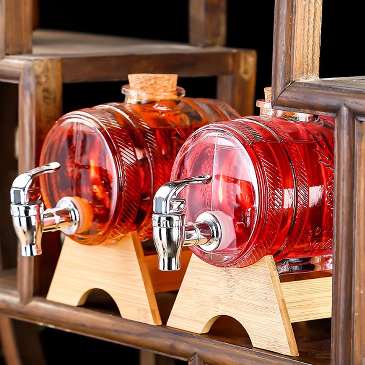 Whiskey Karaf 1000ml met Houten Standaard - Drankdispenser voor Wijn - Glazen Wijnvat met Kraan - Scotch Bourbon Vodka Rum Likeur - Feestdrankje - Cadeaus voor Vriend Man Vader