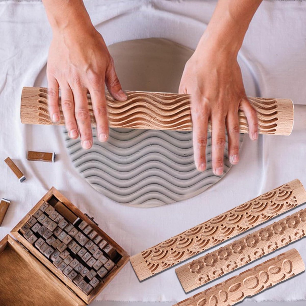 Styles Klei Modellering Patroon Rollen Houten Textuur Rollers - Handgemaakte Klei Deegroller - Geweven Hand Roller - Aardewerk Gereedschap - DIY Craft (Type 2)