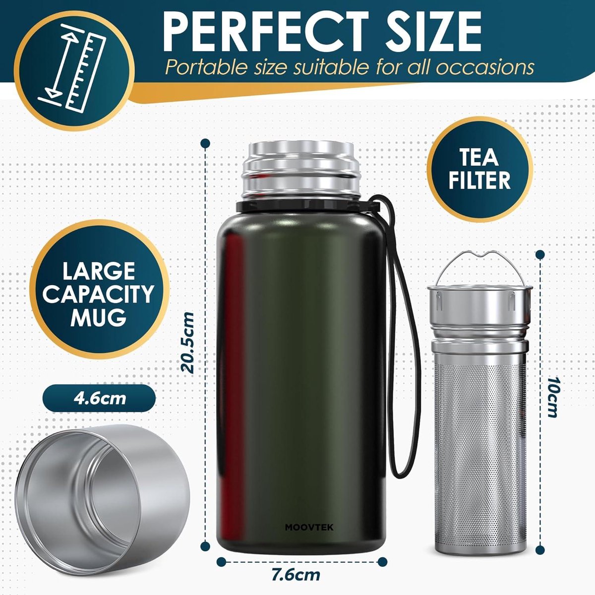 Tea thermos with tea strainer and double-walled mug - 304 stainless steel - 600 ml - thermos flask with filter - tea coffee water - green
