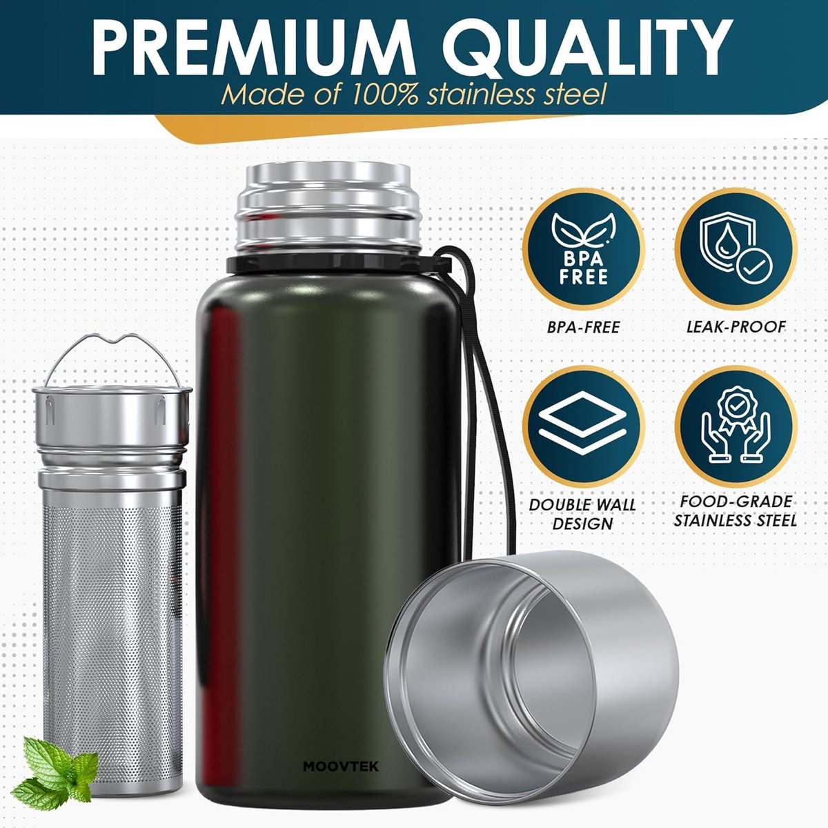 Tea thermos with tea strainer and double-walled mug - 304 stainless steel - 600 ml - thermos flask with filter - tea coffee water - green