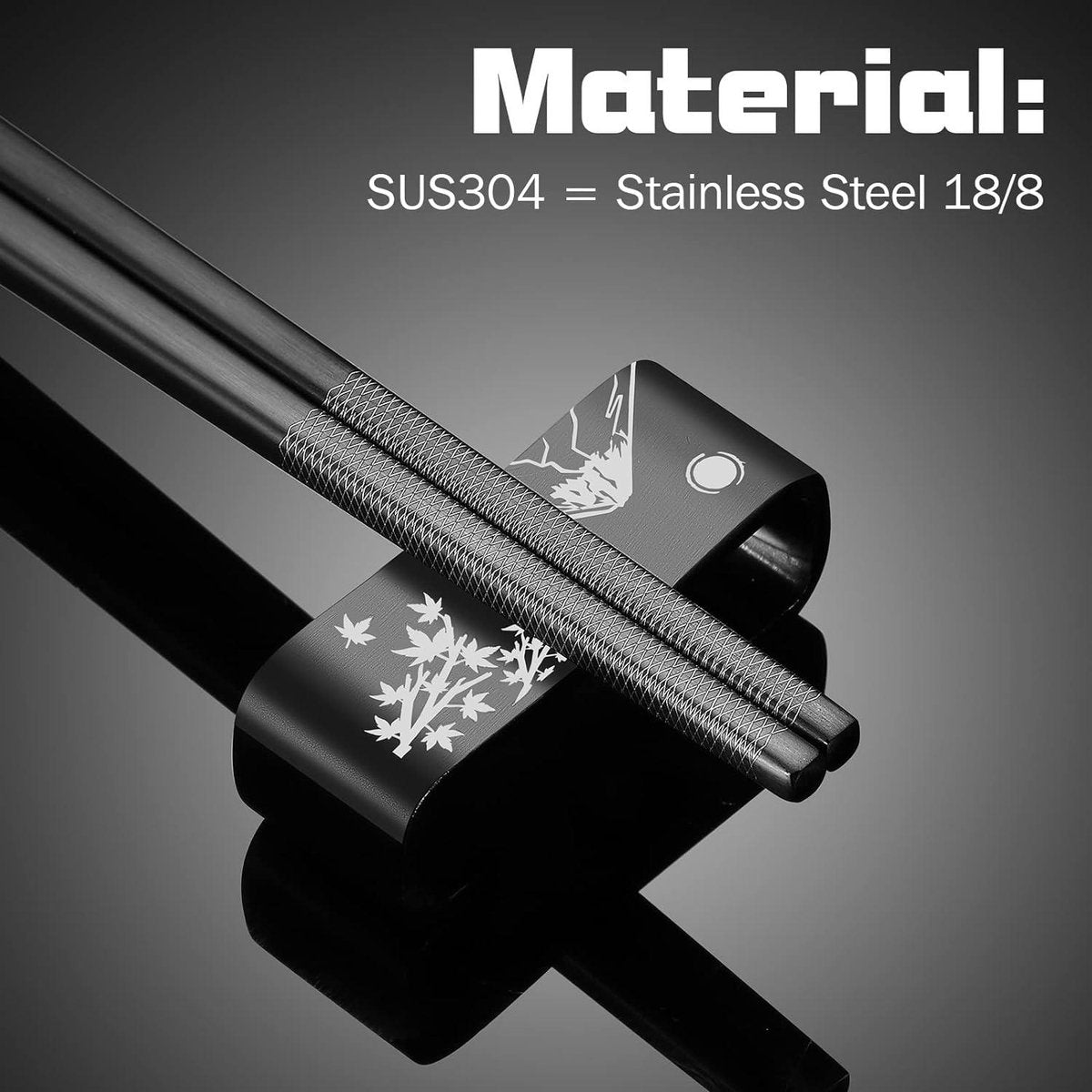 Reusable metal chopsticks - set of 2 pairs titanium plated stainless steel - dishwasher safe - non-slip - Japanese style - laser engraved - with holder - gift set Chopsticks