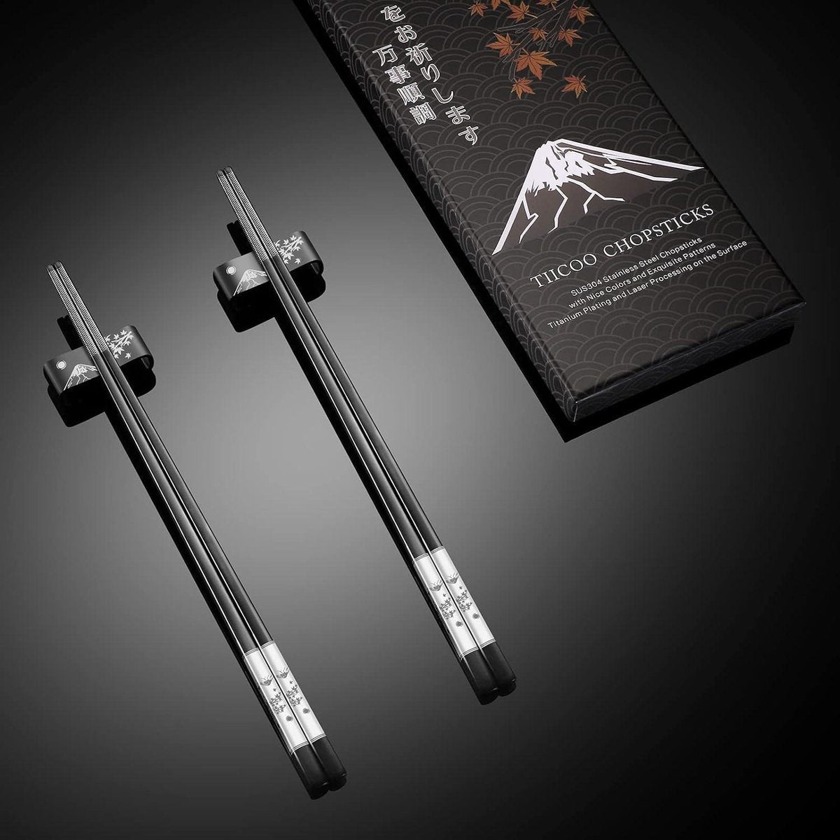 Reusable metal chopsticks - set of 2 pairs titanium plated stainless steel - dishwasher safe - non-slip - Japanese style - laser engraved - with holder - gift set Chopsticks