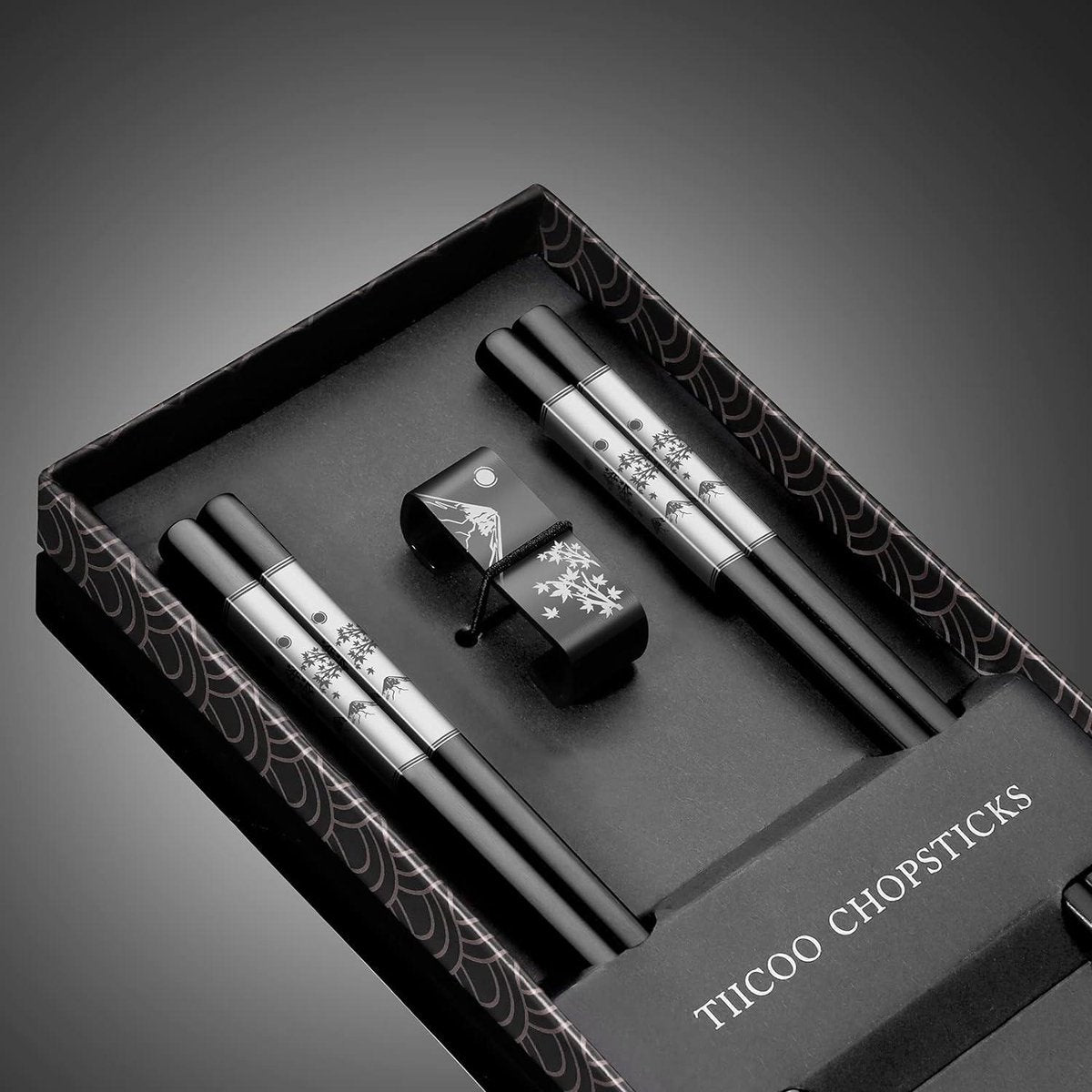 Reusable metal chopsticks - set of 2 pairs titanium plated stainless steel - dishwasher safe - non-slip - Japanese style - laser engraved - with holder - gift set Chopsticks