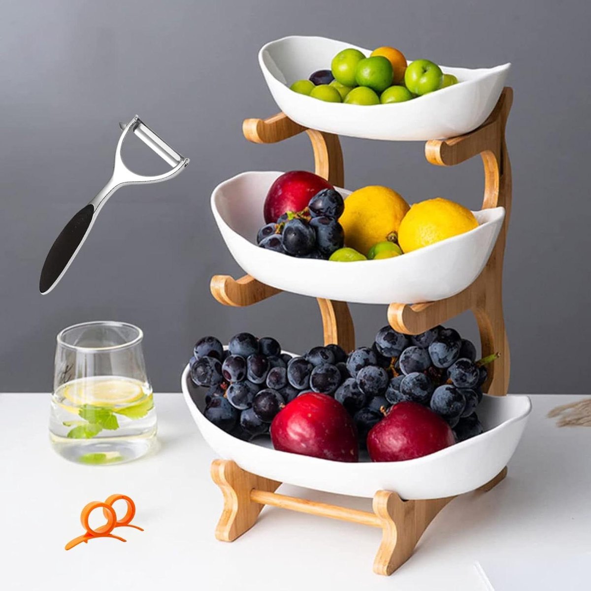 3-laags keramische fruitschaal met bamboe standaard - porseleinen fruitmand voor het bewaren van groenten - snack dessert taart dienblad bordenrek voor feest bruiloft