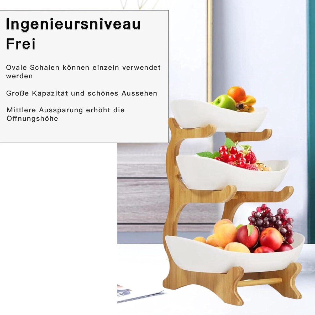 3-laags keramische fruitschaal met bamboe standaard - porseleinen fruitmand voor het bewaren van groenten - snack dessert taart dienblad bordenrek voor feest bruiloft