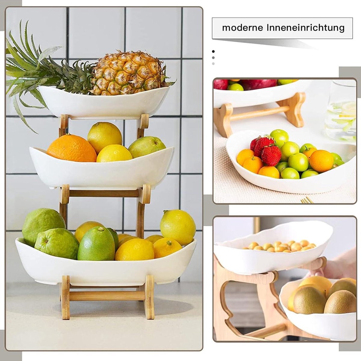 3-laags keramische fruitschaal met bamboe standaard - porseleinen fruitmand voor het bewaren van groenten - snack dessert taart dienblad bordenrek voor feest bruiloft